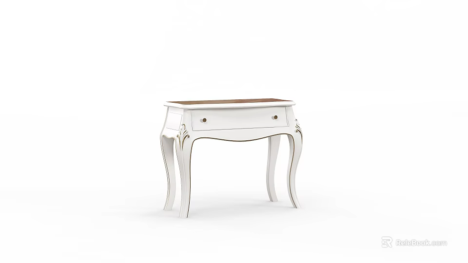 Elegant White Dressing Table With Carved Details Curved Legs And Wooden Top 3d model 