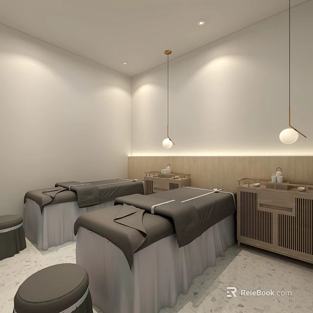 Serene SPA Sauna Room With Massage Beds Wooden Counters And Pendant Lights 3d model 