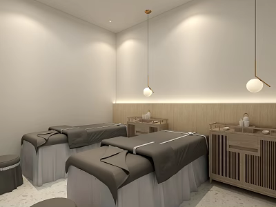 Serene SPA Sauna Room With Massage Beds Wooden Counters And Pendant Lights 3d model
