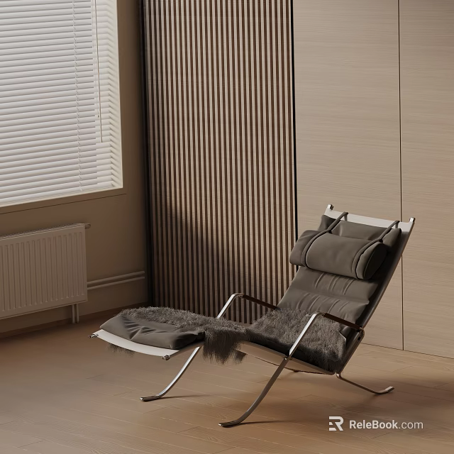 Modern Leisure Chair with Gray Cushions Metal Frame and Wooden Slat Wall by Window Blinds 3d model 
