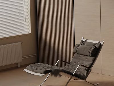 Modern Leisure Chair with Gray Cushions Metal Frame and Wooden Slat Wall by Window Blinds 3d model