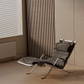 Modern Leisure Chair with Gray Cushions Metal Frame and Wooden Slat Wall by Window Blinds