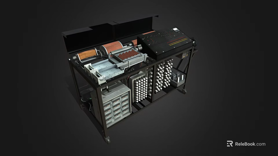 Vintage Industrial Machine With Metal Frame Control Panel Drawers And Grid Components 3d model 