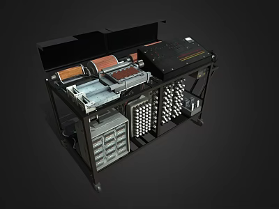 Vintage Industrial Machine With Metal Frame Control Panel Drawers And Grid Components 3d model