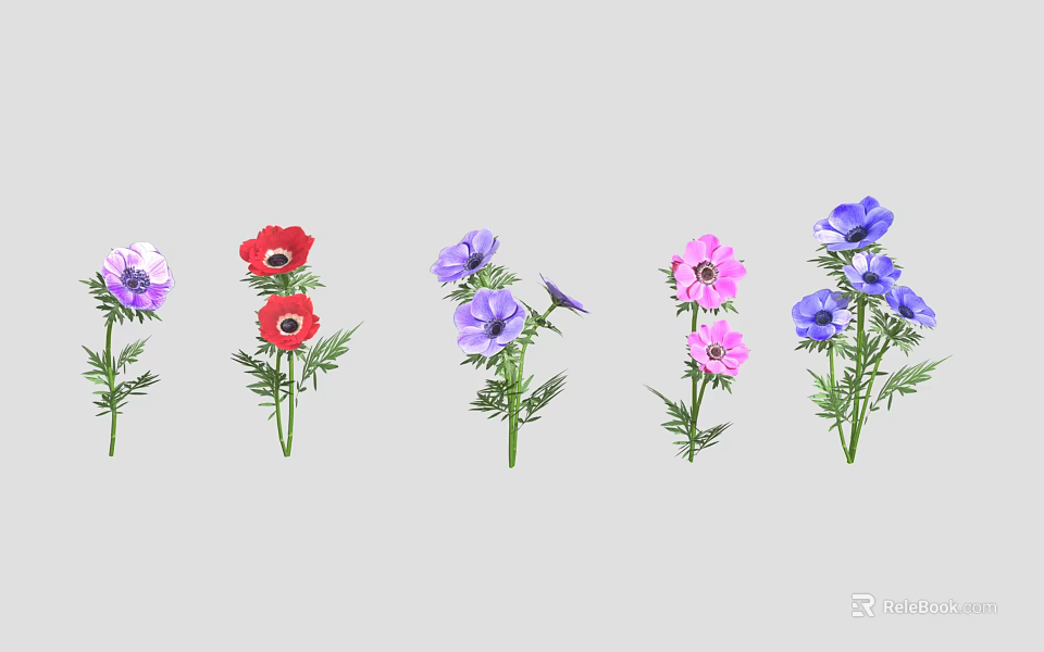 Vibrant Colorful Flowers with Green Stems Arranged in a Row 3d model 