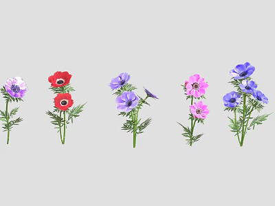 Vibrant Colorful Flowers with Green Stems Arranged in a Row 3d model