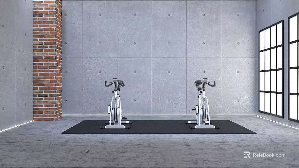 Two Stationary Exercise Bikes On Black Mat With Brick Wall And Gray Floor 3d model 
