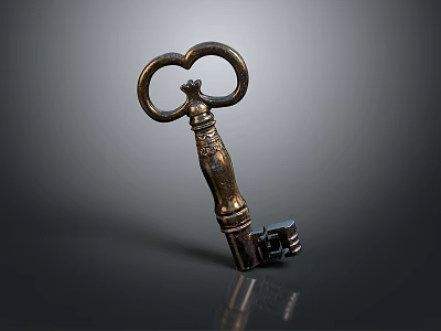Antique Brass Key With Ornate Ring Handle And Carved Shaft On Dark Background 3d model