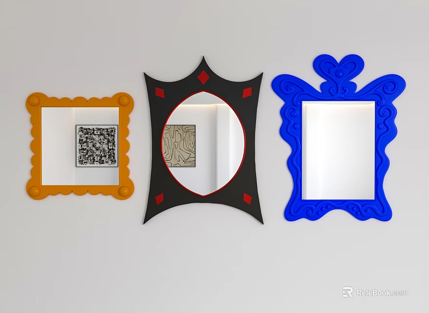 Three Decorative Mirrors With Orange Black Blue Frames On White Wall 3d model