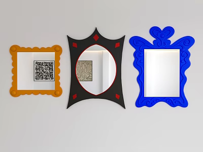Three Decorative Mirrors With Orange Black Blue Frames On White Wall 3d model