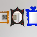 Three Decorative Mirrors With Orange Black Blue Frames On White Wall 3d model