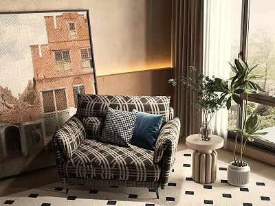 Stylish Single Sofa with Plaid Blue Black White Cushions Beside Round Table Potted Plant Painting 3d model