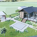 Modern Detached Villa Featuring Black Roof Large Glass Windows and Wooden Terrace on Green Lawn