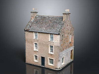 Cartoon Scenery Of A Brick House With Sloped Tile Roof Chimneys Windows And Black Door 3d model