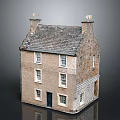 Cartoon Scenery Of A Brick House With Sloped Tile Roof Chimneys Windows And Black Door