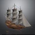 Classic Wooden Sailing Ship with White Sails and Intricate Hull Design on Dark Background