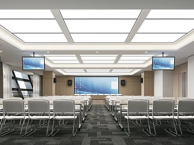 Contemporary Conference Room Interior With Arranged Chairs Large Front Screen Side Monitors And Ceiling Lights 3d model