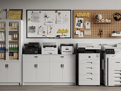 Organized Office Bookcase With White Storage Cabinets Printers Folders Globe And Bulletin Board 3d model