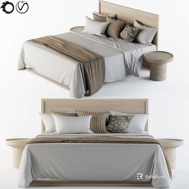Modern Minimalist Double Bed With Light Colored Bedding Wooden Headboard And Nightstand 3d model 