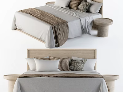 Modern Minimalist Double Bed With Light Colored Bedding Wooden Headboard And Nightstand 3d model