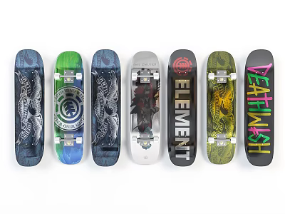 Various Colorful Skateboards Display Featuring Element Deathwish Logos And Artistic Designs 3d model