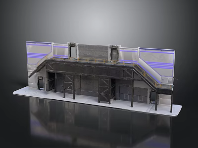 Industrial Building Structure With Metal Frame Gray Exterior Stairs Platform And Blue Stripes 3d model