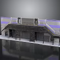 Industrial Building Structure With Metal Frame Gray Exterior Stairs Platform And Blue Stripes