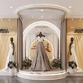 Elegant Bridal Shop With Wedding Dresses On Mannequins Decorative Flowers And Mirror