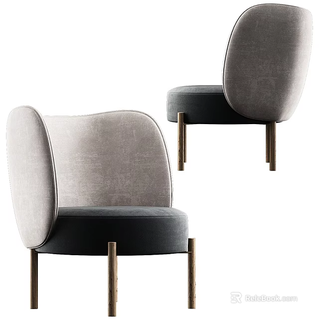 Modern Leisure Chair With Gray Upholstery Curved Backrest And Brass Metal Legs 3d model 