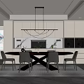 Elegant Modern Restaurant Interior with Long Dining Table Black Chairs Chandelier Gray Cabinets City View