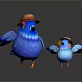 Blue Parent and Baby Birds Wearing Brown and Yellow Hats Standing on White Platform