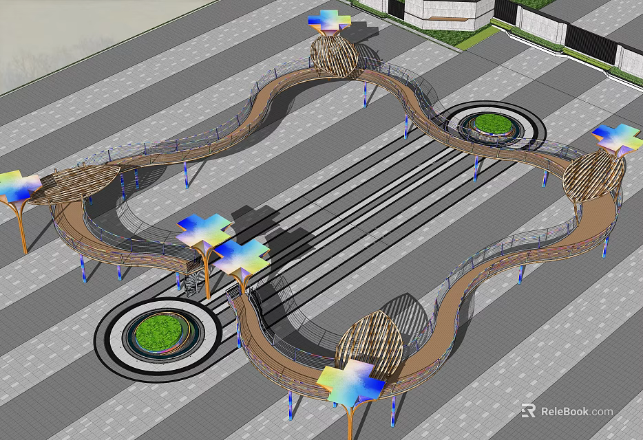 Curved Pergola With Colorful Canopy Wooden Structure And Circular Green Areas On Gray Paving 3d model 