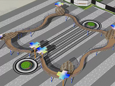 Curved Pergola With Colorful Canopy Wooden Structure And Circular Green Areas On Gray Paving 3d model