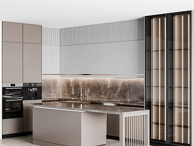 Modern Kitchen Interior Design With Gray Beige Cabinets Marble Countertop And Island Lighting 3d model