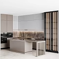 Modern Kitchen Interior Design With Gray Beige Cabinets Marble Countertop And Island Lighting