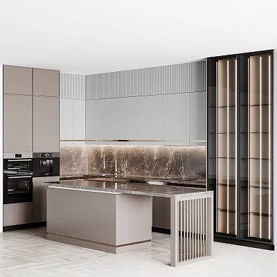 Modern Kitchen Interior Design With Gray Beige Cabinets Marble Countertop And Island Lighting 3d model