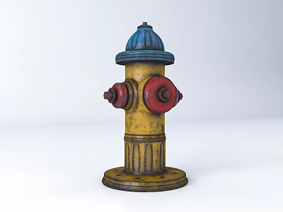 Vintage Fire Hydrant With Yellow Body Blue Top Red Valves And Rustic Texture 3d model