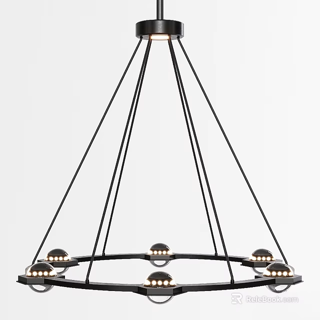 Modern Black Metal Chandelier With Radial Structure And Spherical Bulbs 3d model 