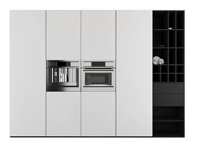 Modern White And Black Kitchen Cabinets With Built-in Appliances And Wine Rack 3d model