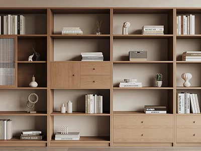 Modern Wooden Bookshelf With Multiple Open Shelves Drawers And Stacked Books Decor Items 3d model