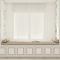 Bright White Window Bench With Beige Cushion Decorative Patterned Strip And Potted Plant