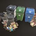 Colorful Trash Bins With Recyclable Waste Cardboard Boxes And Plastic Bottles