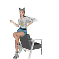 Woman Sitting On Black Chair Wearing White Graphic T shirt Blue Denim Shorts And White Sneakers