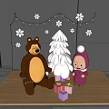 Cute Bear And Girl Dolls With White Christmas Tree condensation Colorful Gifts And Snowflake Decorations