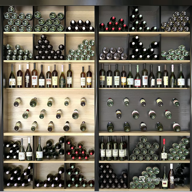 Stylish Modern Wine Cabinet With Wooden Shelves And Neatly Arranged Various Wine Bottles 3d model 