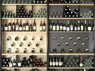 Stylish Modern Wine Cabinet With Wooden Shelves And Neatly Arranged Various Wine Bottles 3d model