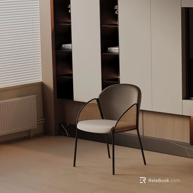 Modern Interior Leisure Chair With Rattan Backrest White Cushion And Black Metal Frame 3d model 