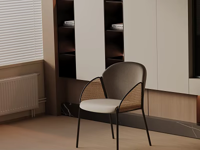 Modern Interior Leisure Chair With Rattan Backrest White Cushion And Black Metal Frame 3d model