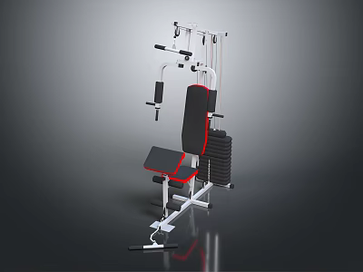 Multifunctional Fitness Equipment with Black Seat Red Accents White Frame and Stacked Weight Plates 3d model