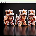Red White Lion Dance Figurines With Ornate Details On Black Reflective Surface
